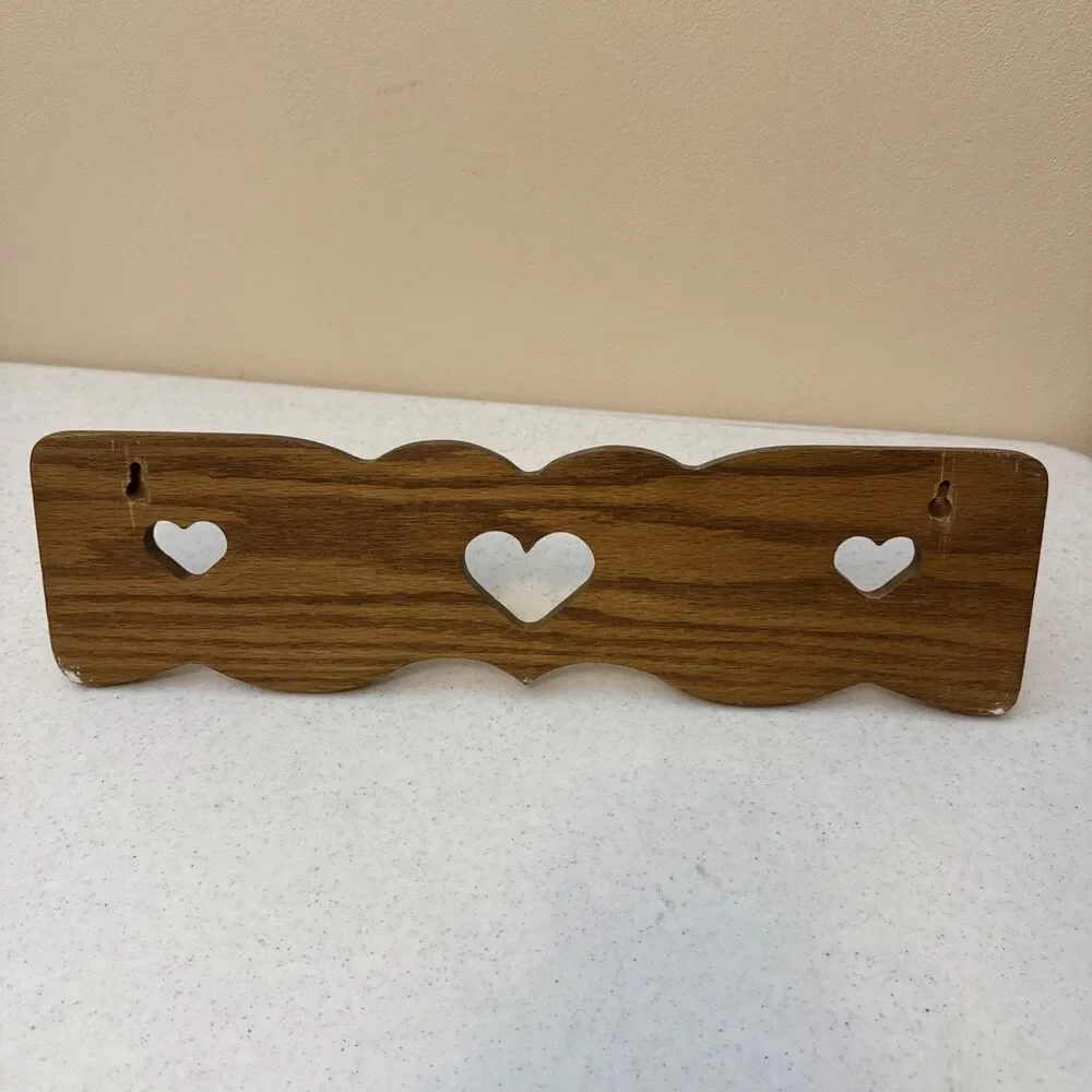 Vintage Wood Wall Shelf Heart Cutouts 2 Peg Hooks Country Cottagecore